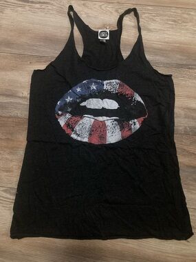 Lost Gods American Flag Lips Teeth Black Distressed Tanktop Women’s Size M